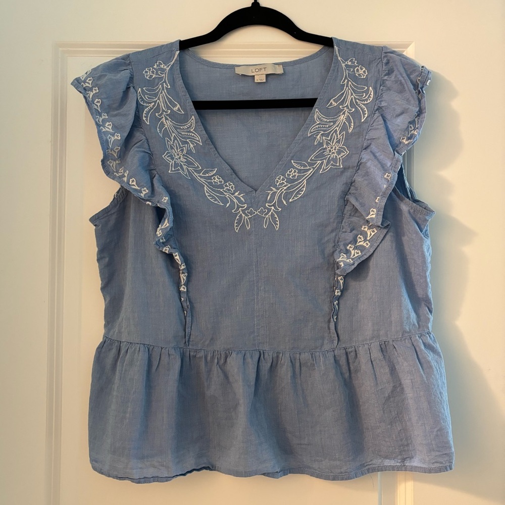 EUC LOFT Floral Embellished Ruffle Peplum Top